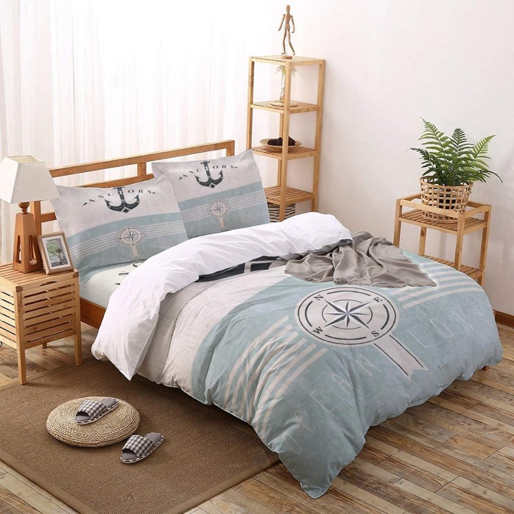 NEW Chic Decor Full Size Duvet Cover Set Nautical Anchor Compass Beach Bedding